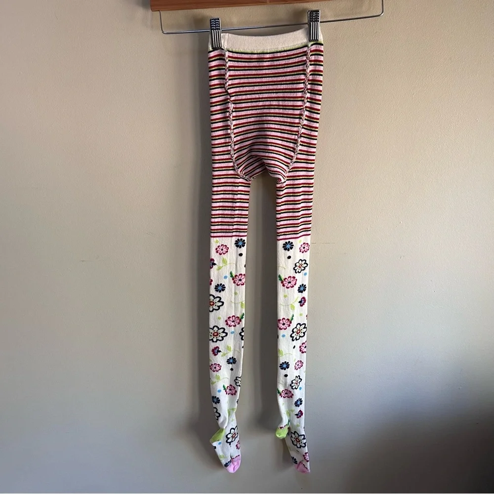 Hanna~ Girl’s Cotton Blend Made in Denmark Floral Stripe Footed Tights 150/160